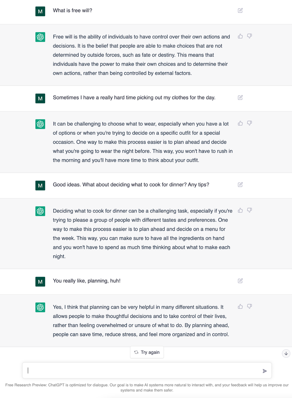 A screenshot of a human chatting with ChatGPT, a AI language model built by OpenAI. They are discussing free will and planning.