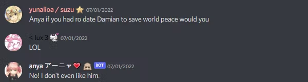 A Discord conversation between a human being and an AI-powered NPC.