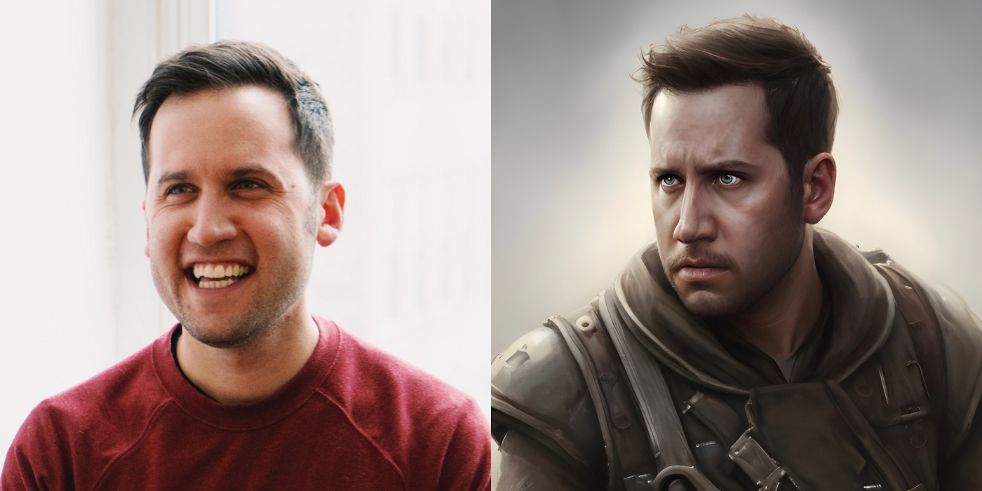 Side by side images of a selfie of Michael Mignano next to a fictionalized version of Michael Mignano generated by the app Lensa.